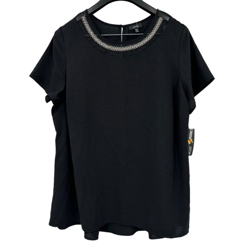 Apartment 9 Shirt 1X Women’s Black Jewel Neck Short Sleeve Classy Beaded NWT